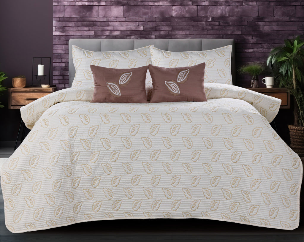 PARADISE HOME DECOR - Leaf Motif Quilted Bedspread Set with Coordinated Cushions & Pillow Covers