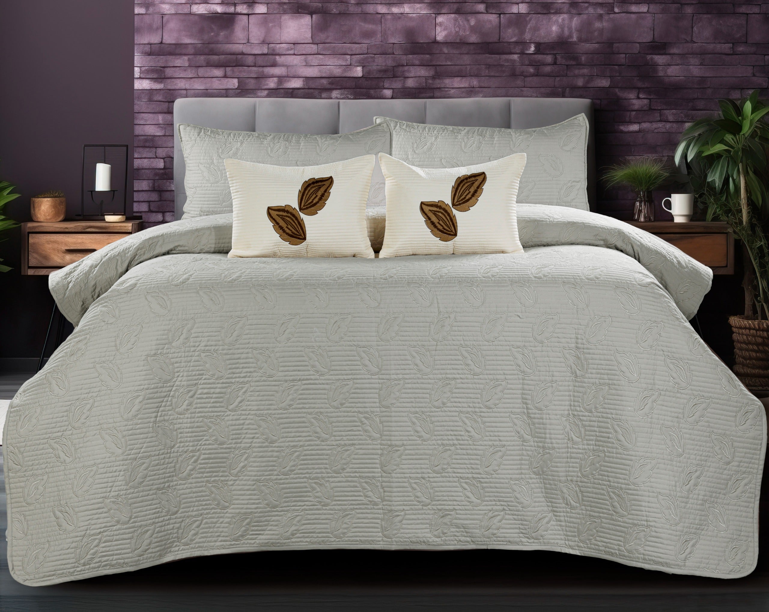 PARADISE HOME DECOR - Leaf Motif Quilted Bedspread Set with Coordinated Cushions & Pillow Covers