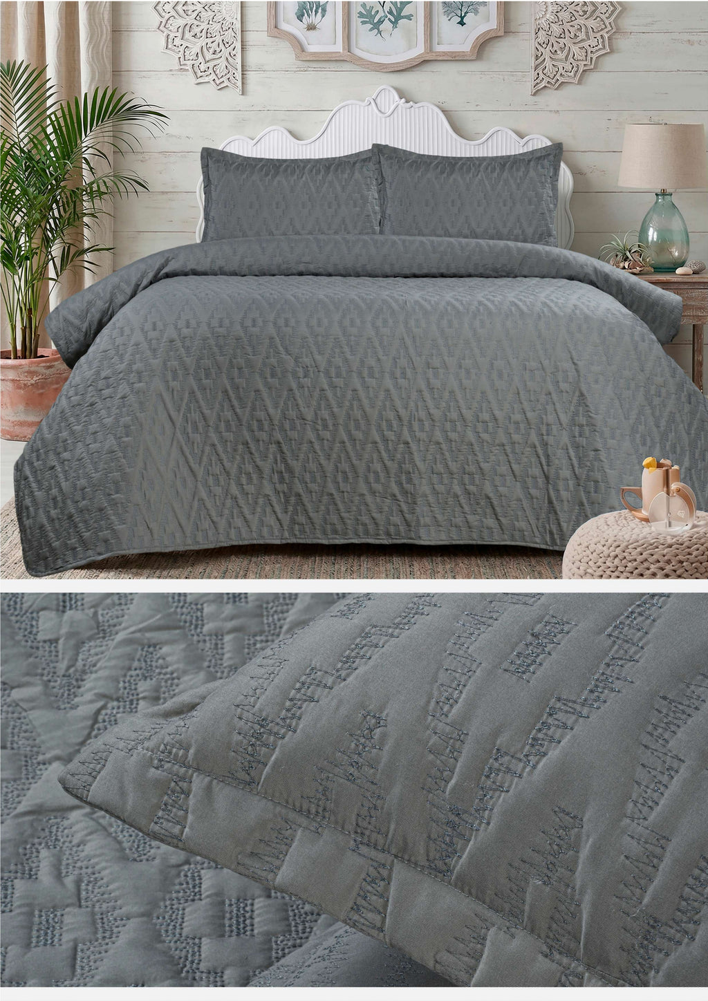Premium Embroidered Bedcover Set – 3 Piece Soft Embroidery Bedspread with 2 Pillow Covers (100" × 108")